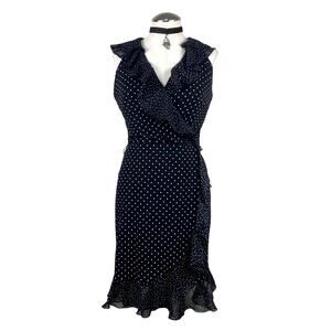 WHBM Black White Polka Dot Ruffle Faux Wrap Pin Up Retro Rockabilly Goth Dress 2